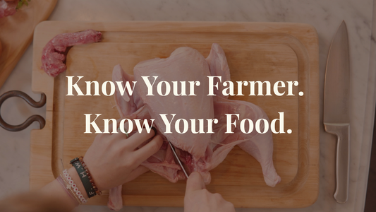 Whole pasture-raised chicken from P&K Family Farms being cut on a butcher board with text Know Your Farmer Know Your Food