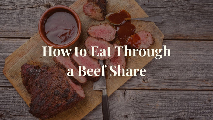  Sliced grass-finished tri-tip from a P&K Family Farms beef share on a cutting board with text How to Eat Through a Beef Share