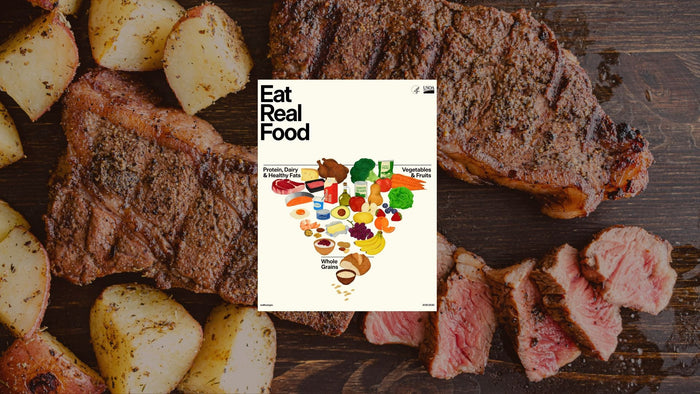 New USDA food pyramid dietary guidelines with steak and whole foods replacing grains and seed oils showing the shift toward real food and animal protein